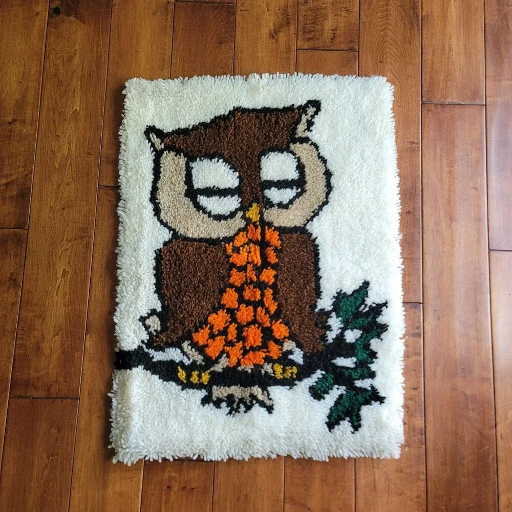 Vintage Owl Latch Hook Wall Hanging Rug 20 x 27.5 Sleeping Owl on Branch